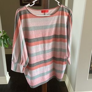 Love Scarlet 3/4 sleeve striped top in olive and blush colors. Medium